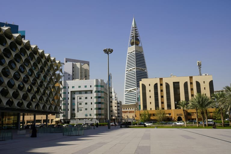 King Fahad National Library and Al Faisaliah Tower in Riyadh on a clear day
