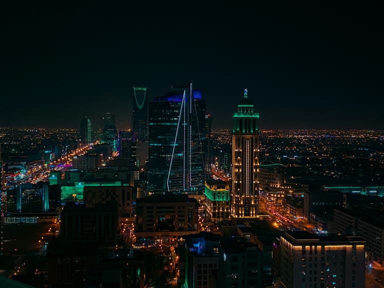 The Riyadh skyline at night, with Kingdom Centre lit up